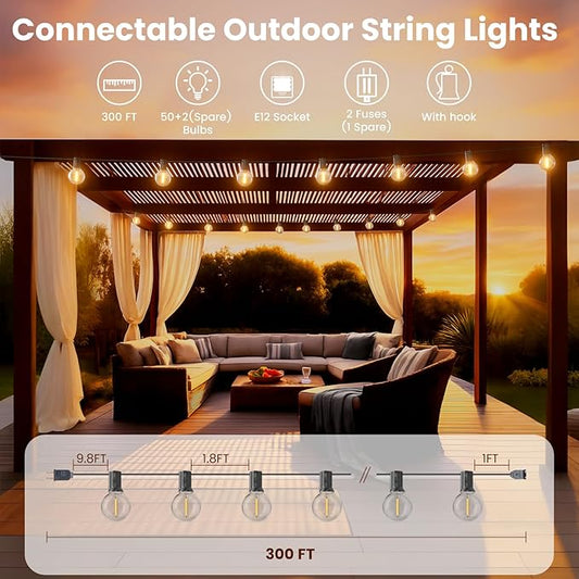 RTTY Outdoor String Lights 300ft, 3 Pack 100ft G40 Led Patio Globe Lights with 52pcs Bulbs,Shatterproof Waterproof Connectable Hanging for Porch Cafe Bistro Backyard Gazebo Balcony Deck Party