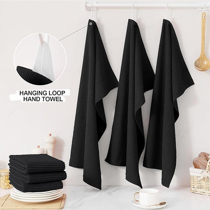 Homaxy Premium Kitchen Towels (18"x 28", 8 Pack), Large 100% Cotton Kitchen Hand Towels, Ultra Absorbent Ribbed Terry Tea Towels Set with Hanging Loop, Black