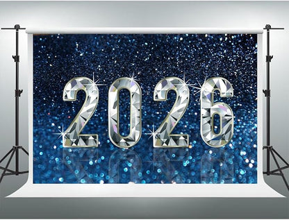 YongFoto 2026 Happy New Year Backdrop 8x6.5ft Diamond Sparkle Blue Photography Background Christmas Night Festival Carnival Celebration Party Banquet Decor Banner Photoshoot Wallpaper Photo Booth