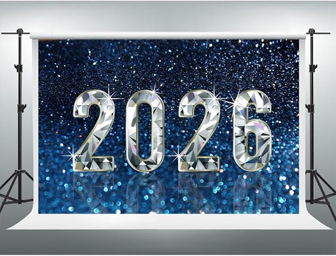 YongFoto 2026 Happy New Year Backdrop 20x10ft Diamond Sparkle Blue Photography Background Christmas Night Festival Carnival Celebration Party Banquet Decor Banner Photoshoot Wallpaper Photo Booth