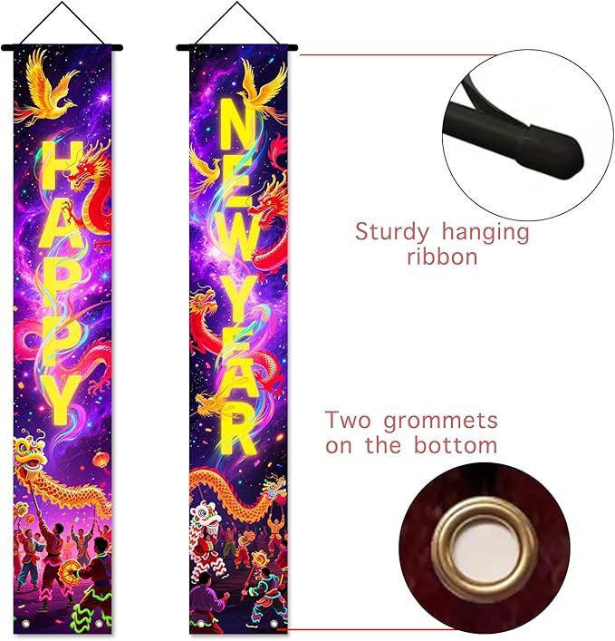 Nuxovilar Happy New Year Banner, 70.86" x 11.81" Purple Gold Fireworks Hanging Decorations for Outdoor Indoor Home Wall