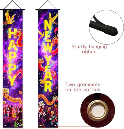 Nuxovilar Happy New Year Banner, 70.86" x 11.81" Purple Gold Fireworks Hanging Decorations for Outdoor Indoor Home Wall