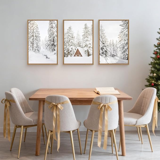 HLNIUC Christmas Snow Forest Framed Wall Art Set of 3, Large Winter Mountain Pine Tree Decor, Vintage White Cabin Landscape Canvas Art(24x36), Farmhouse Rustic Prints for Living Room, Bedroom, Office