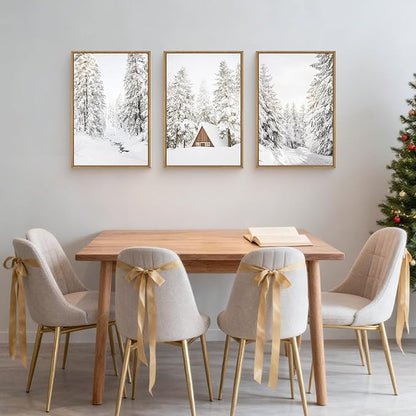 HLNIUC Christmas Snow Forest Framed Wall Art Set of 3, Large Winter Mountain Pine Tree Decor, Vintage White Cabin Landscape Canvas Art(24x36), Farmhouse Rustic Prints for Living Room, Bedroom, Office