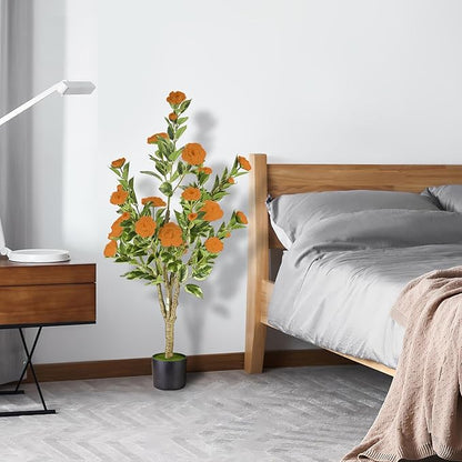 3Ft Artificial Camellia Tree 2pack, Orange Silk Flowers Faux Plant for Indoor Outdoor Home Decor, Realistic Potted Greenery for Office Porch Living Room