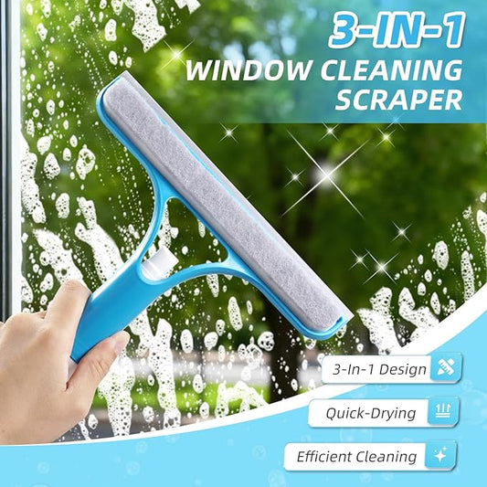 3 in 1 Window Cleaning Scraper with 2 Replaceable Cleaning Cotton Strips,Suitable for Cleaning Bathroom Glass, Window Squeegee, Mirrors, Car Windows