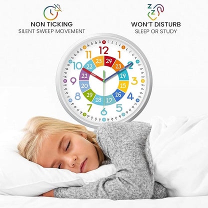 XFM Colorful Kids Wall Clocks Battery Operated 10 inch Silent Non Ticking Funny Time Teaching Wall Clock for Nursery Kids Room Classroom Decor