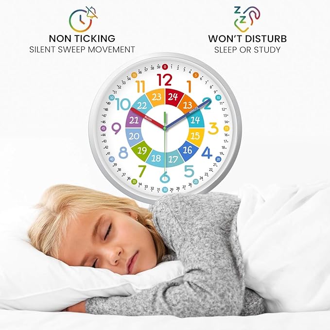 XFM Learning Clock for Kids Silent Non Ticking Battery Operated Colorful Teaching Time Clock 8 Inch Small Analog Clock for Kids Room Classroom School Playroom