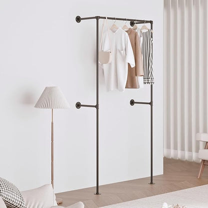 Industrial Pipe Clothing Rack, Heavy Duty Wall Mounted Clothes Rack, Retail Display Hanging Garment Rod for Laundry Rooms, Closet Storage, 14.6x37.4x82.7 Inches, Model K05