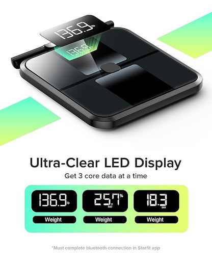 RunStar Scale for Body Weight and Fat, Full-Body Bathroom Scale with 8 Electrodes for BMI, Muscle Mass, High-Accuracy Body Composition Monitor with 28 Metrics & App Connectivity, 3-Metric Display