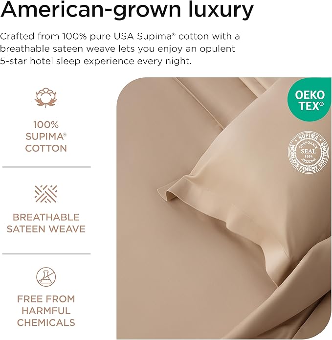 Threadmill Luxury Supima Cotton Sheets, Luxury 1000 Thread Count Soft 100% Cotton Sheets for Queen Size Bed, 4 Pc Beige Bed Queen Set, 5-Star Hotel Quality Elasticized Deep Pocket Bed Sheets Set