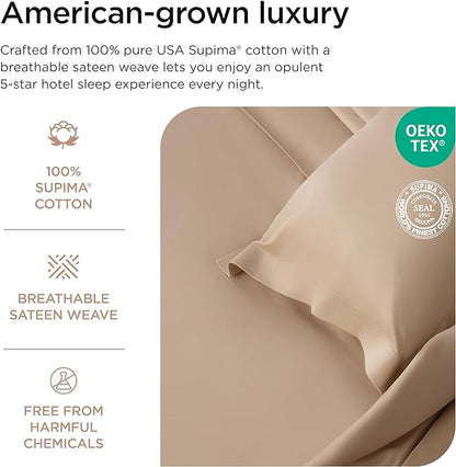 Threadmill Luxury Supima Cotton Sheets, 1200 Thread Count Soft 100% Cotton Sheets for King Size Bed, 4 Pc Beige King Bed Sheets Set, 5-Star Hotel Quality with Elasticized Deep Pocket King Sheets