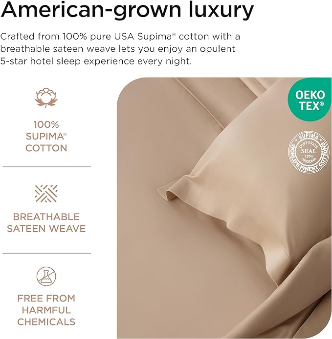 Threadmill Supima Cotton Sheets - 1200 Thread Count, 100% Cotton, Cal King Size, 4 Pc Beige Set, 5-Star Hotel Quality with Elasticized Deep Pocket