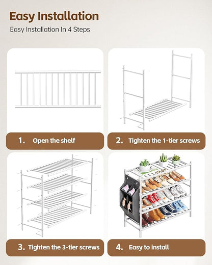 Bamboo Shoe Rack for Closet Small Wooden Shoe Organizer with Pouch, Sturdy Wood Shoe Shelf for Front Door Entrance Entryway and Outdoor, 26 inch Wide (White, 4-Tier)