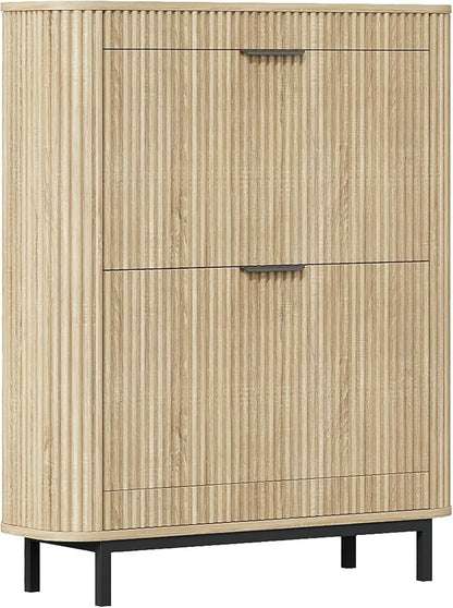 Shoe Cabinet with 2 Flip Drawers, Arc Narrow Wood Shoe Storage Cabinet with Fluted Panel and Metal Legs, Freestanding Wood Hidden Shoe Rack Cabinet for Foyer, Hallway, Nature