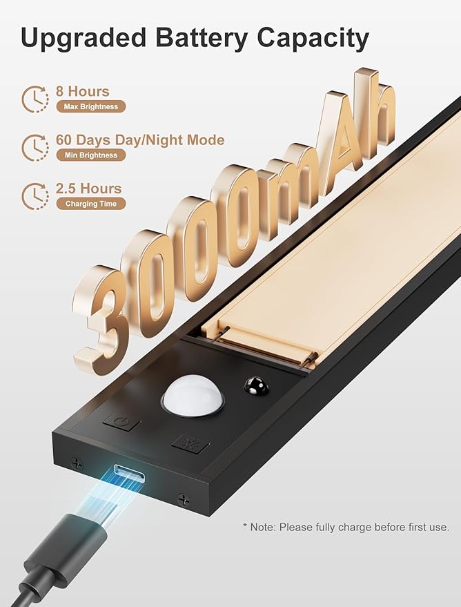 12inch Rechargeable Under Cabinet Lighting,56 LED -3 Color& 7 Levels Under Cabinet Lighting Wireless,3000mah Dimmable Magnetic Cabinet Lighting,Punch-Free Smart Sensor Magnetic Rechargeable led Lights