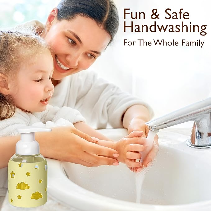 SoCal Suds & Company Glass Foaming Hand Soap Dispenser, Soft Grip Silicone Sleeve, Refillable Pump Bottle for Kids, Baby Wash & Shampoo, Ideal for Home Use, Light Yellow 8oz