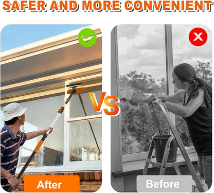 30FT Reach Window Squeegee with Extension Pole, 2-in-1 Professional Window Washing Kit for Home, Indoor Outdoor Squeegee with Rotatable Head for High Windows