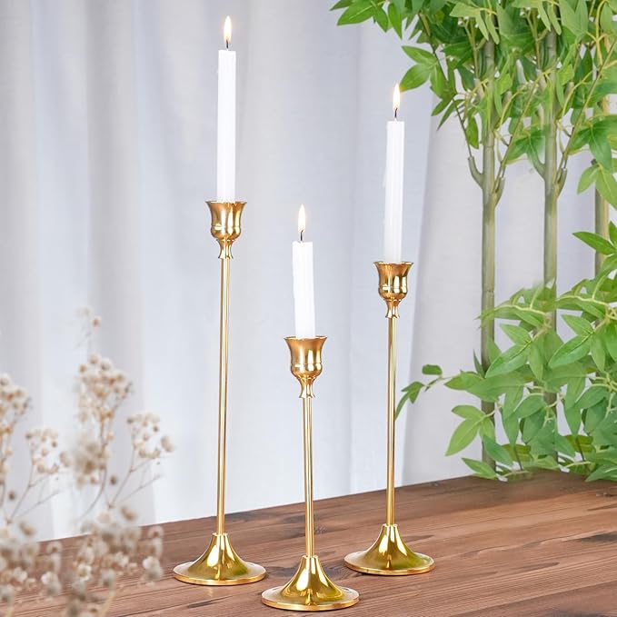 Metal Candle Holders for Candlesticks Taper Candlestick Holders Set Vintage Decorative Centerpiece Candelabra Tall Candle Stands (Gold, 1 Set (3 pcs))