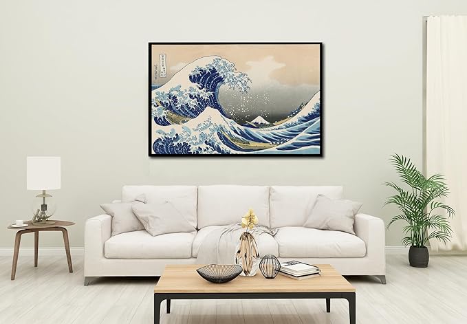 The Great Wave off Kanagawa by Katsushika Hoki Wall Art Decor, Classic Painting Black Framed Seascape Canvas Print Pictures, Modern Japanese Artwork for Bedroom Living Room Decoration - 24"x36"