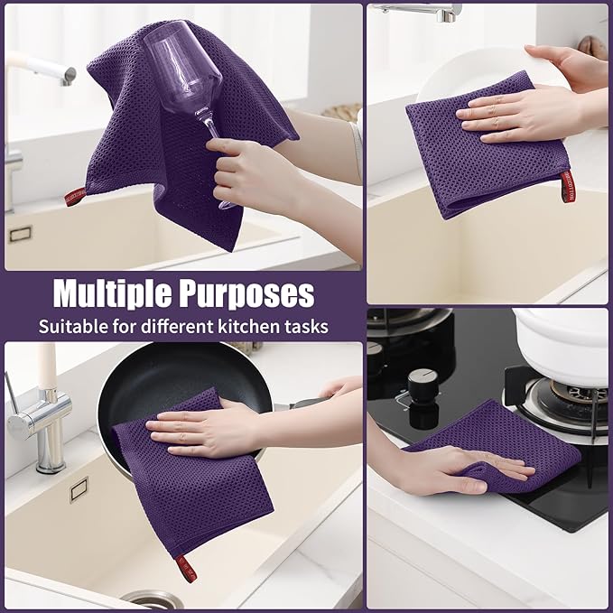 Kitinjoy 100% Cotton Kitchen Towels and Dishcloths Set, 8 Pack Waffle Weave Dish Towels Ultra Soft Absorbent Quick Drying Dish Rags, 13 x 28 Inch and 12 X 12 Inch, Eggplant