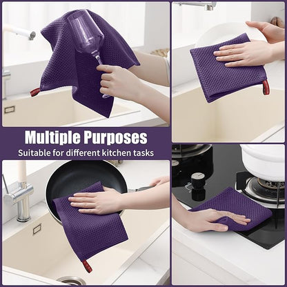 Kitinjoy 100% Cotton Kitchen Towels and Dishcloths Set, 8 Pack Waffle Weave Dish Towels Ultra Soft Absorbent Quick Drying Dish Rags, 13 x 28 Inch and 12 X 12 Inch, Eggplant