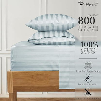 URBANHUT 800 Thread Count Egyptian Cotton Damask Striped California King Size Sheets Set (4 Pc) - Sateen Weave Cal King Size Bed Sheets, Luxury Hotel Sheets with 16" Deep Pocket - Light Blue