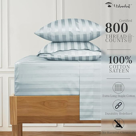 URBANHUT 800 Thread Count Egyptian Cotton Damask Striped California King Size Sheets Set (4 Pc) - Sateen Weave Cal King Size Bed Sheets, Luxury Hotel Sheets with 16" Deep Pocket - Light Blue
