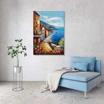 Alenoss Hand Painted Acrylic Large Abstract Modern Oil Paintings on Canvas 28x40 Inches Vertical Wall Art Mediterranean Sea Cityscape Blue Artwork Wall Decor Home Decorations