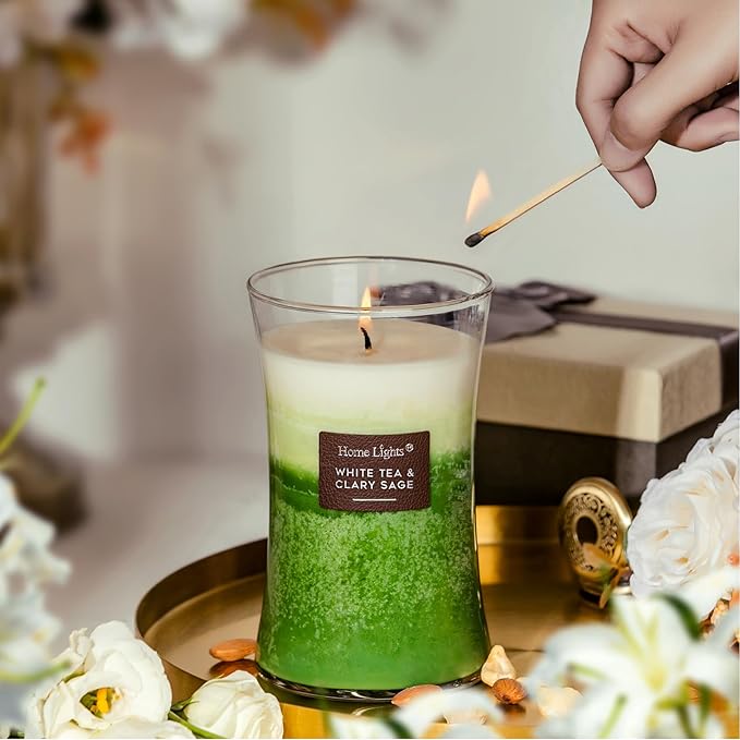 HomeLights 3-Layer Candles for Home Scented, 21.52 OZ Natural Soy Wax Scented Candles Burns Up to 100 Hours, Large Jar, White Tea & Clary Sage