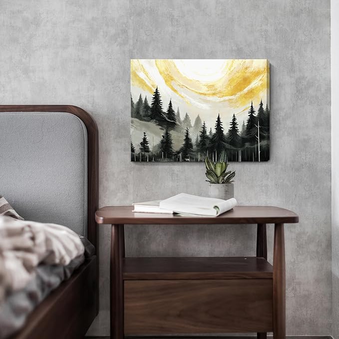 ARTZON Black Wall Art – Abstract Forest Sunrise Landscape Canvas Print, Mountain Retro Foggy Pine Tree Nature Picture, Vintage Decorative Small Moody Artwork for Bathroom or Bedroom, 16x12 Inch