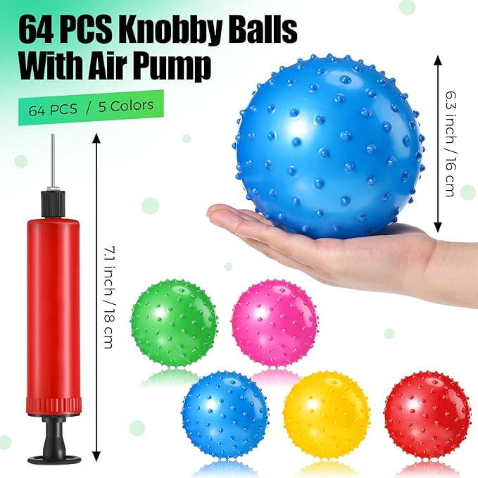 Jerify 64 Pieces 6.3 Inch Knobby Balls for Kids Sensory Balls with Air Pump Small Inflatable Bouncy Soft Spiky Toddler Bounce Party Favors Summer Beach Pool Baby Massage Stress Play Set, 5 Colors