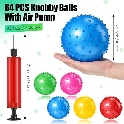 Jerify 64 Pieces 6.3 Inch Knobby Balls for Kids Sensory Balls with Air Pump Small Inflatable Bouncy Soft Spiky Toddler Bounce Party Favors Summer Beach Pool Baby Massage Stress Play Set, 5 Colors