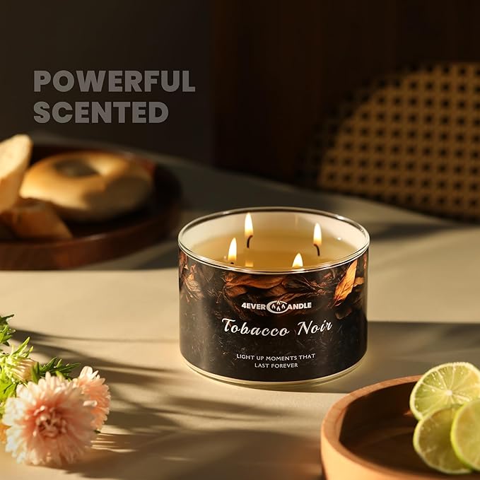 4EVER Scented Candles | 4-Wick 18oz Soy Wax Candle | Up to 50Hrs Clean Burn | Aromatherapy Candles for Home Scented | Gifts for Women & Mom, Tobacco Noir