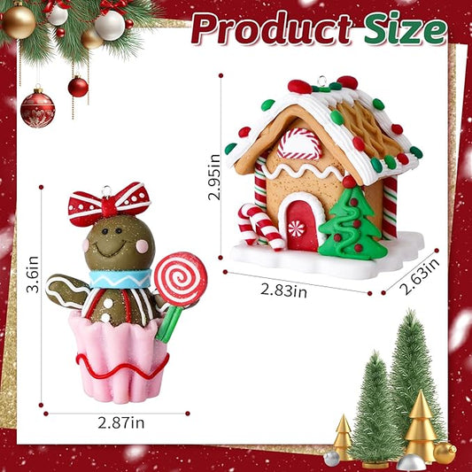 Set of 2 Christmas Tree Decorations, Gingerbread House & Gingerbread Man Christmas Ornaments, Claydough Xmas Hanging Decor for New Year Party Wedding Home