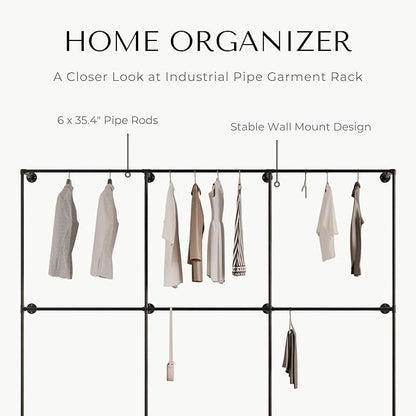 Industrial Pipe Clothing Rack, Heavy Duty Wall Mounted Clothes Rack,Retail Display Hanging Garment Rod for Laundry Rooms, Closet Storage, 14.6x110x82.7 Inches, Model K04