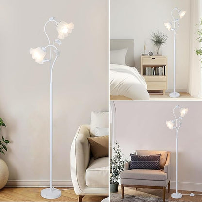 HMVPL White Flower Standing Lamp, Floral Tall Lamp with 2 LED 5W Blubs, Foot Switch, Modern Corner Floor Lamp with Acrylic Shade, Antique Lotus Flower Floor Lamp for Living Room Office Reading