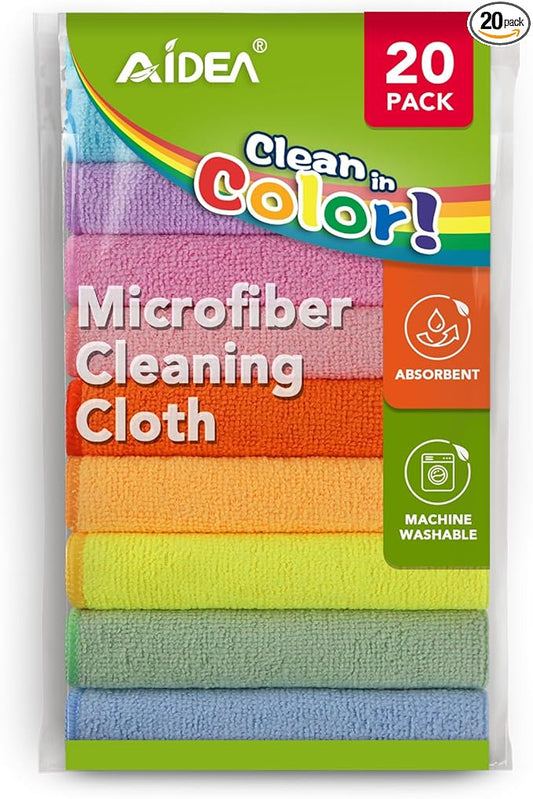 AIDEA Microfiber Cleaning Cloth, 20PK, Colorful Lint-Free Vibrant Cleaning Rags, Microfiber Towels for Cars, Wash Cloths, Dusting Cloth for Home, Window, Cleaning Supplies, 11.5"×11.5"