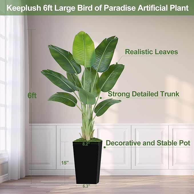 Lifelike Bird of Paradise Artificial Plant 6ft Faux Banana Leaf Tree with Black Tall Planter for Home Decor - Perfect Indoor Silk Floor Plant for Living Room, Office, and Bedroom Ambiance Enhancement
