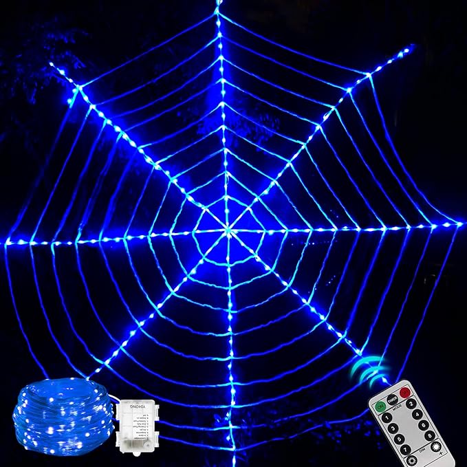 184 LED Halloween Spider Web Lights Decor, 3.6 m Giant Round Net Lights with Remote Control (8 Modes & Timer), Net Light Decoration for Window Garden Indoor Outdoor - Blue