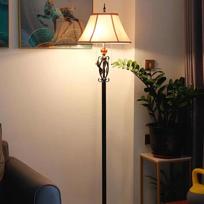 Farmhouse Mid-Century White Fabric Floor Lamp with Metal Leaf Resin Base 70 Inch Height Decor for Office Bedroom Living Room