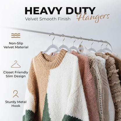 50 Pack Velvet Hanger for Shirt Pants Dresses Skirts Suits Jackets - Slim Space Saving Design - Standard Coat Hanger - Sturdy & Durable Design with Shoulder Grooves Hook - Ivory