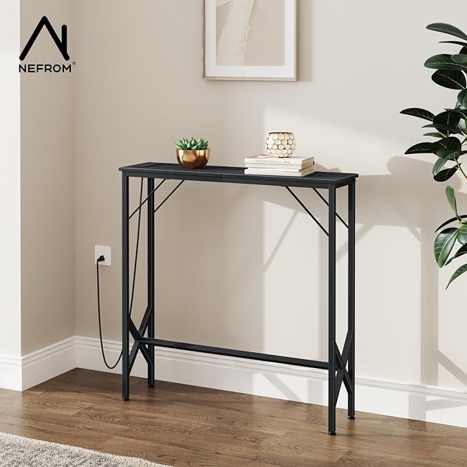 31.5‘’ Console Table, Skinny Entryway Table with Fast-Charging Station, Narrow Long Sofa Table, Behind Slim Couch Table for Entrance, Hallway, Living Room Decor ST-BK80-1