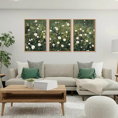 HLNIUC Green White Floral Framed Wall Art Set, Abstract Flower Canvas Wall Decor, Modern Botanical Wall Painting, Blossom Landscape Art Print for Living Room, Bedroom, Office - 16"x24"x3