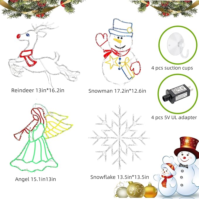 Christmas Decorations - 16" Christmas Window Silhouette Lights - 4 Pack Colour Lighted Reindeer ＆ Angel & Snowflake ＆ Snowman for Holiday Indoor and Outdoor Wall Door Window Decorate