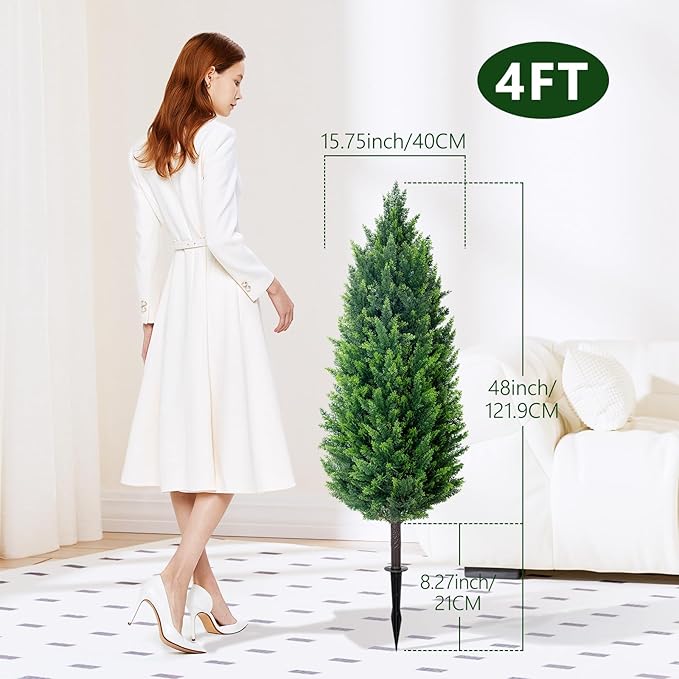 4FT Tall Artificial Cypress Plant Set of 2, Realistic Topiary Fake Plant with Spike, Artificial Cypress Topiary for Indoor &Outdoor, Home, Offices, Porch Decor