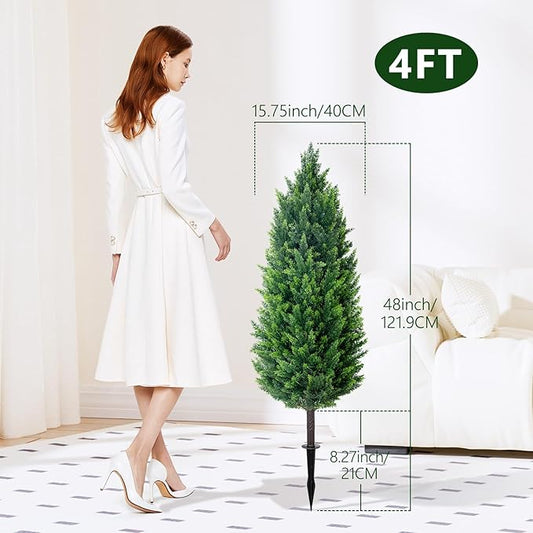 4FT Tall Artificial Cypress Plant Set of 2, Realistic Topiary Fake Plant with Spike, Artificial Cypress Topiary for Indoor &Outdoor, Home, Offices, Porch Decor