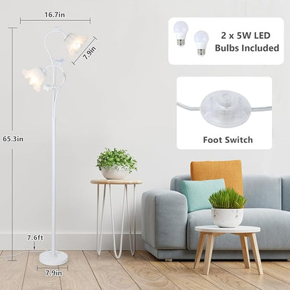 HMVPL White Flower Standing Lamp, Floral Tall Lamp with 2 LED 5W Blubs, Foot Switch, Modern Corner Floor Lamp with Acrylic Shade, Antique Lotus Flower Floor Lamp for Living Room Office Reading
