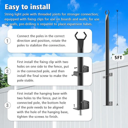 5 Ft String Light Poles 4 Pack, String Light Poles for Outside with Fixing Clips,Hanging Light Poles for Deck Fence Garden Backyard Wall Bistro,Metal Poles for Outdoor String Lights