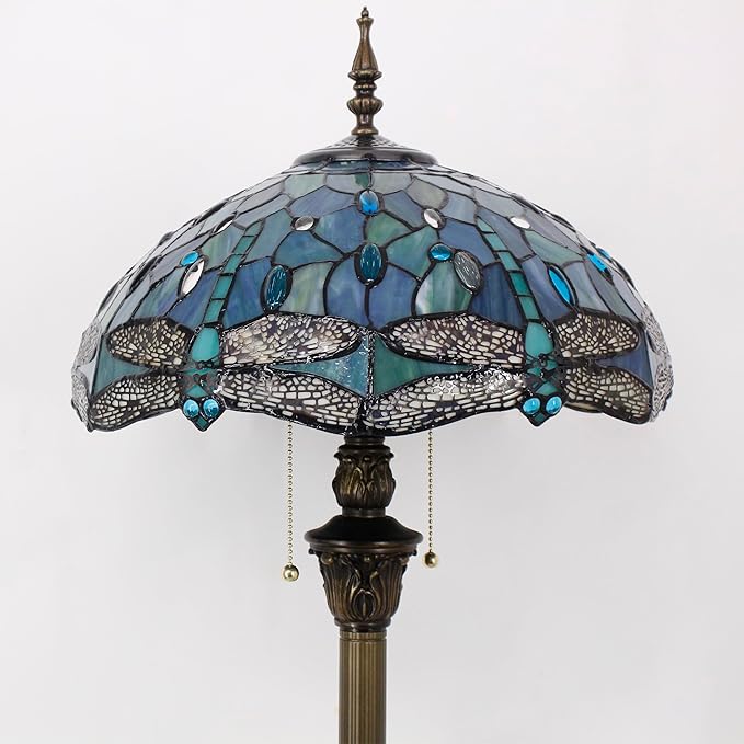 Tiffany Floor Lamp Sea Blue Stained Glass Dragonfly Style 16X16X70 Inch Antique Standing Reading Light